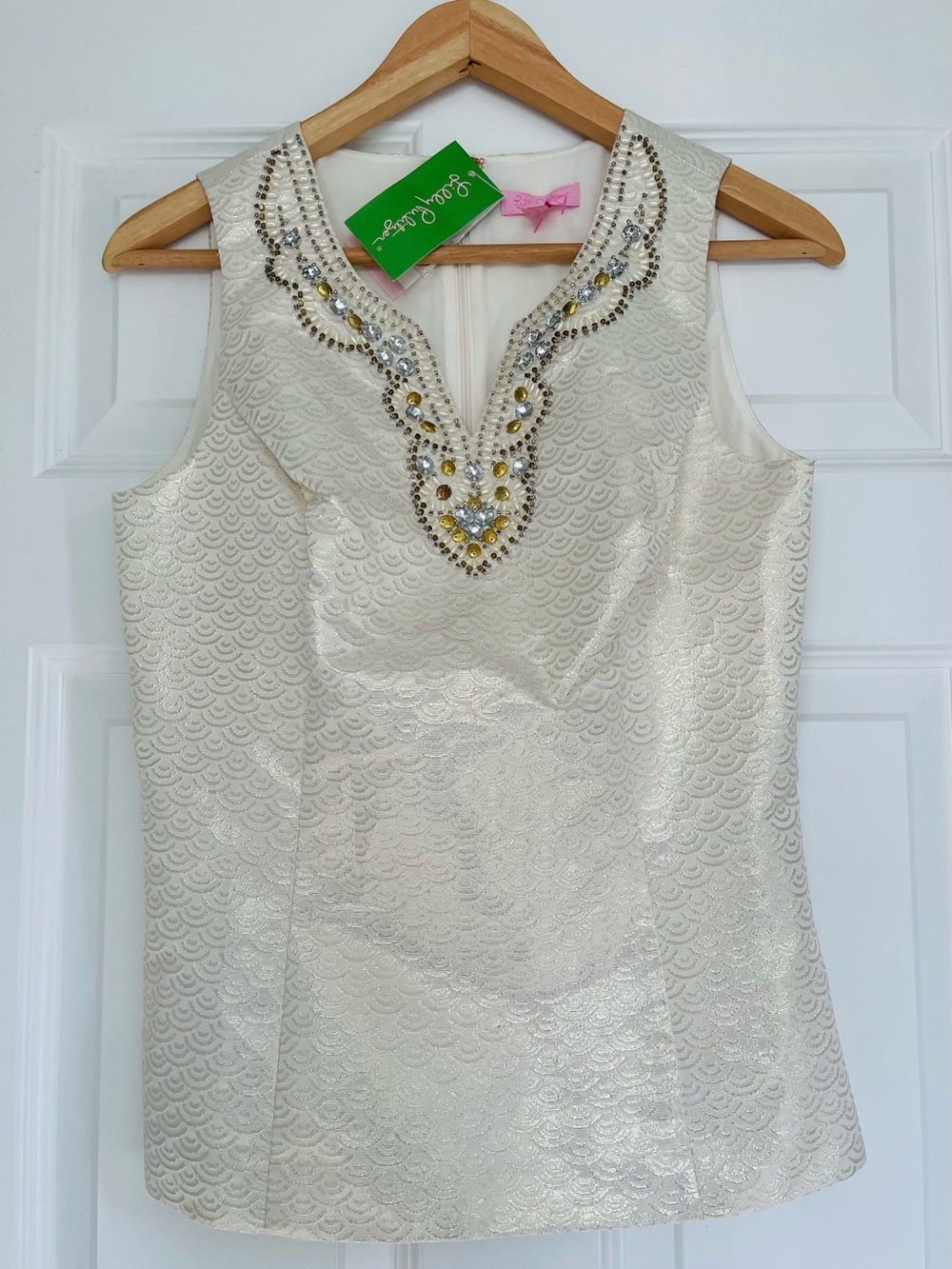 NWT Lilly Pulitzer Terrace Top White Metallic Scallop Jacquard - 2